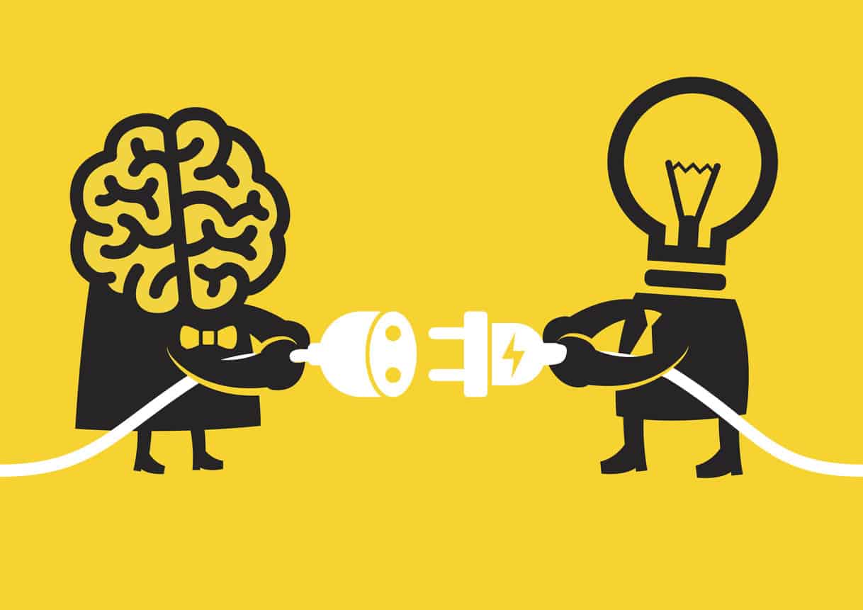 An abstract image of a brain and a lightbulb fusing together through a plug on a yellow background. This represents the lead image for the blog post - 7 key steps for your marketing strategy by Small Business Marketing Consultant.