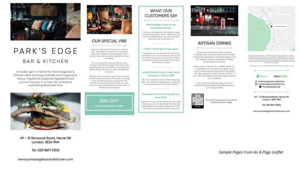 marketing collaterals - sample pages of an 8 page flyer on the small business marketing consultant website