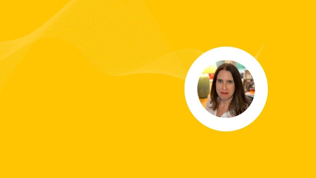 Photo of Catherine McManus on a yellow background for the Small Business Marketing Consultant website