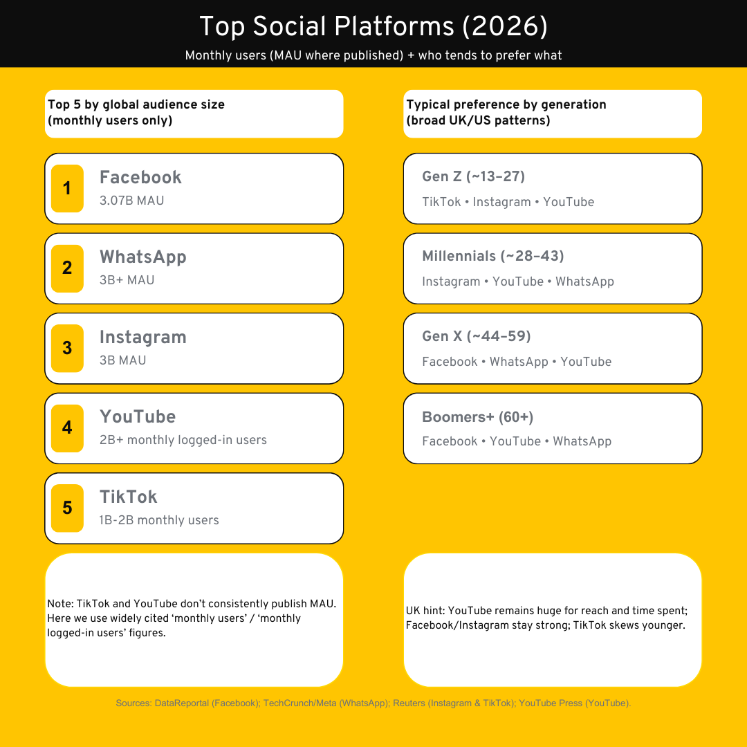 Top social media platforms in 2026 and preference by generation of the various platforms. This is an illustration on the social media marketing website page for small business marketing consultant Catherine McManus.